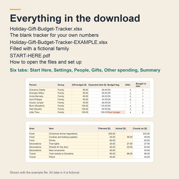 Gift tracker: the files and tabs in the download